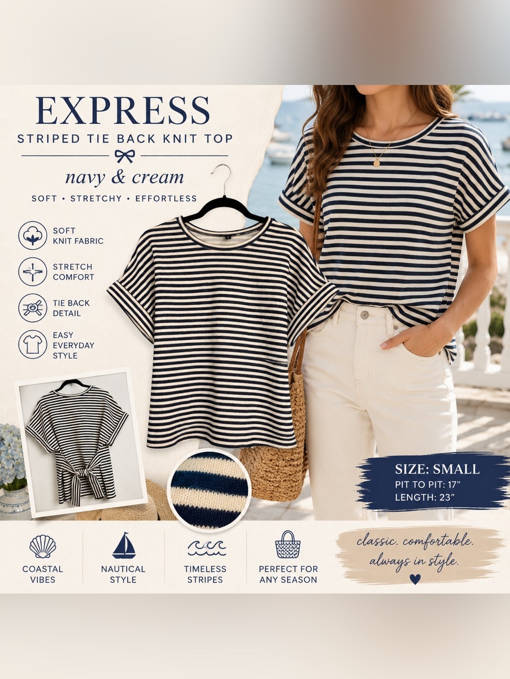 Express Navy & Cream Striped Tie Back Knit Top Size Small Coastal Preppy
